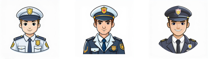 Three cartoon illustrations of men wearing police uniforms with various hat and uniform colors.