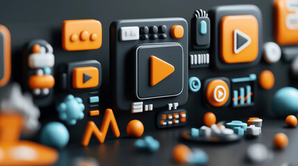 Fototapeta premium Abstract 3D of various multimedia and technology icons in orange and blue hues, featuring play buttons and graphs on a dark background.
