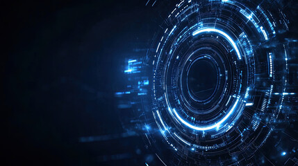 Futuristic technology design featuring glowing blue circular patterns and digital elements, creating sense of advanced innovation and connectivity