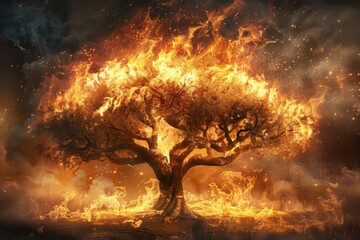 Floating tree of life made of fire, vivid illustration on black