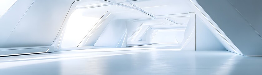A Futuristic White Corridor with Abstract Geometric Shapes and Bright Sunlight