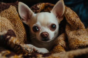 Cozy chihuahua snuggled in warm knitted blanket