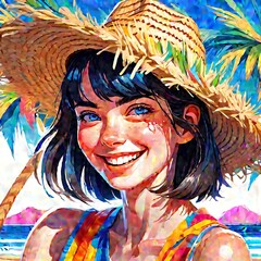  The image is a digital painting of a smiling woman with blue eyes, wearing a straw hat, standing on a beach with palm trees and mountains in the background.