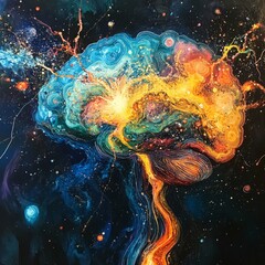 Colorful Abstract Brain in Motion with Cosmic Elements