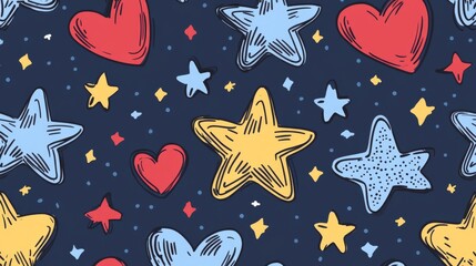 Hand Drawn Heart and Stars Seamless Pattern - Cute Doodle Background