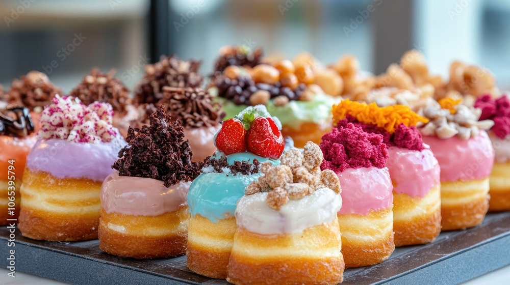 Poster Fun and colorful assortment of donuts with various toppings, creating an eye-catching sweets display