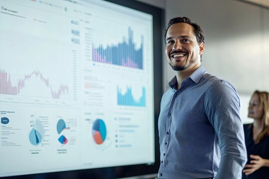 Businessman presenting data on a large screen