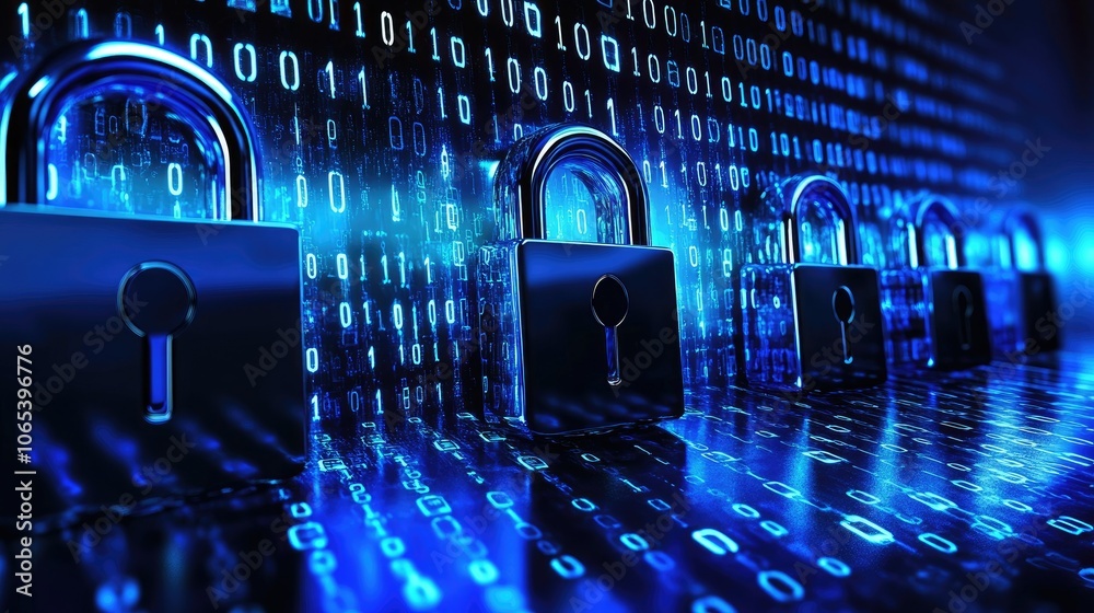Poster Grid of digital locks with binary code, technology security concept with modern tech design