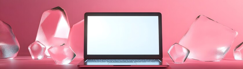 Obraz premium Laptop Computer Surrounded by Crystal-Like Objects on a Pink Background