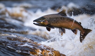 Obraz premium Salmon leaping from water in dramatic river scene captured above