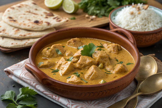 Indian chicken Korma with basmati rice close-up on the table.