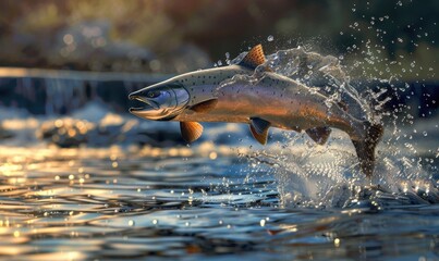 Obraz premium Salmon leaping gracefully over the water's edge in vibrant motion
