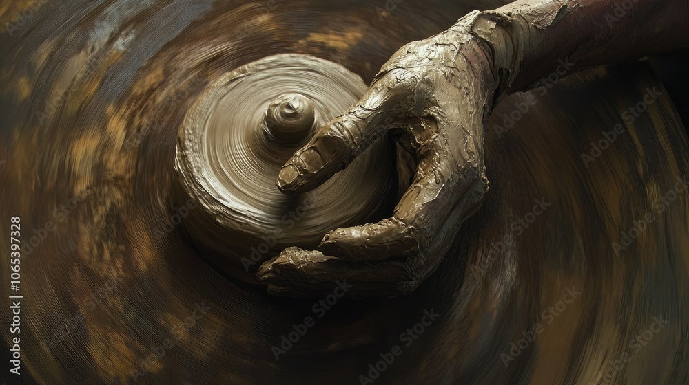 Poster hands of an artisan shaping wet clay, detailed shot with spinning wheel and clay textures in view