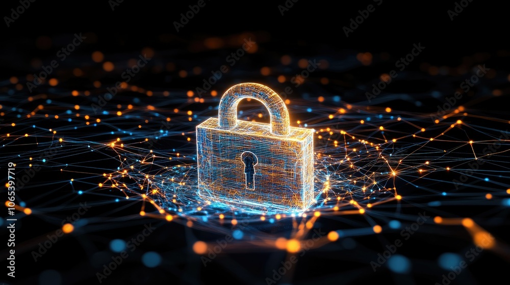 Poster Holographic padlock floating in dark space, surrounded by cyber lines and glowing network connections
