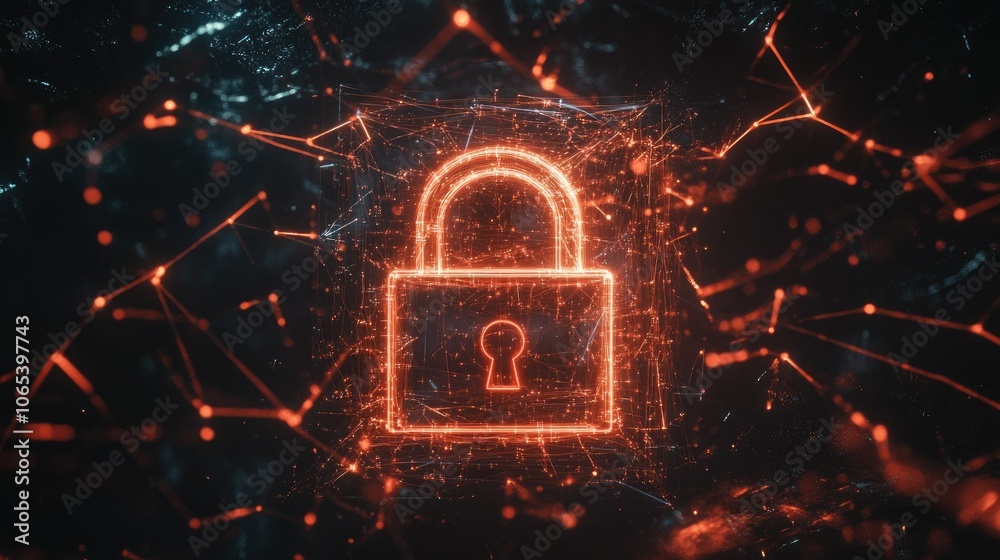 Poster Holographic padlock floating in dark space, surrounded by cyber lines and glowing network connections