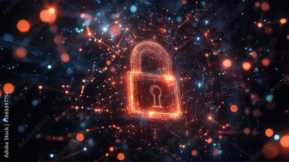 Poster Holographic padlock floating in dark space, surrounded by cyber lines and glowing network connections
