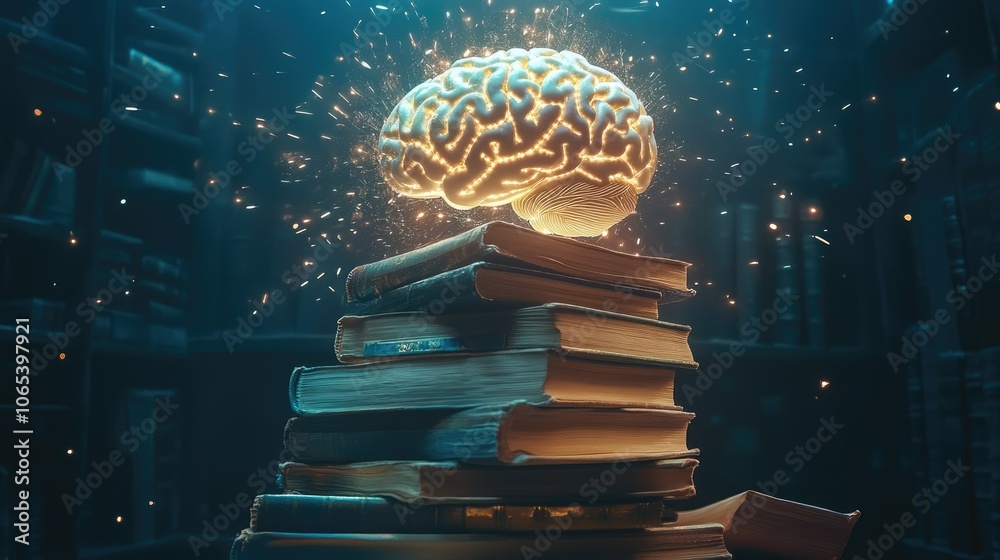 Poster Illuminated brain above a towering stack of books with intricate lighting, emphasizing learning and intellect