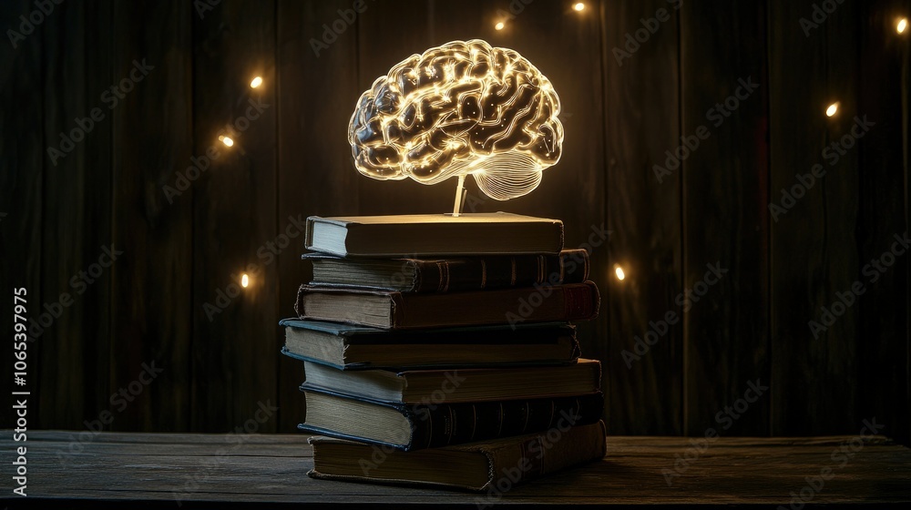 Poster Illuminated brain above a towering stack of books with intricate lighting, emphasizing learning and intellect