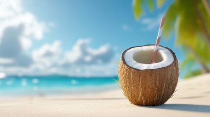 Coconut with a straw sticking out of it, sitting on a sandy beach with a blue ocean and sky in the background