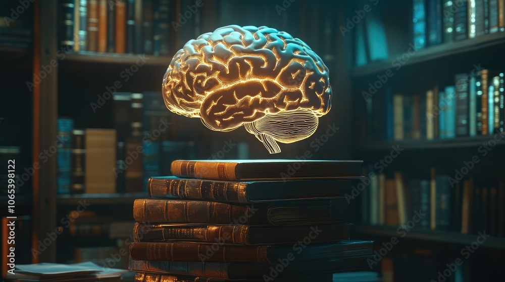 Poster Illuminated brain above a towering stack of books with intricate lighting, emphasizing learning and intellect