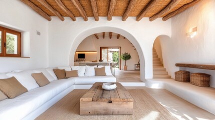 Modern living room with a rustic, Mediterranean-inspired design, featuring a spacious white sofa, a wooden coffee table, and a view of the kitchen and outdoor area through arched openings