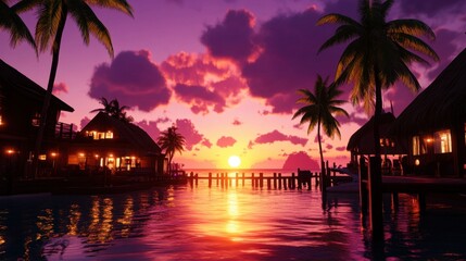Obraz premium Tropical paradise with palm trees, a sunset, and a pier with boats at dusk