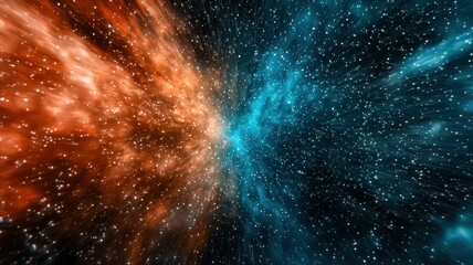 Fototapeta premium A stunning cosmic scene vibrant orange and blue swirling nebulae amidst a star-filled universe.