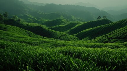Lush Green Tea Fields at Dawn in Rolling Hills