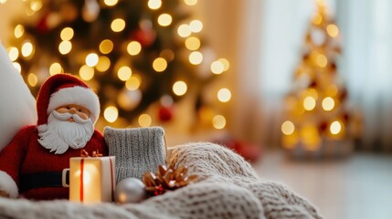 Obraz premium A festive Christmas scene with a Santa Claus figurine, a lit candle, and Christmas ornaments on a cozy blanket in front of a decorated Christmas tree