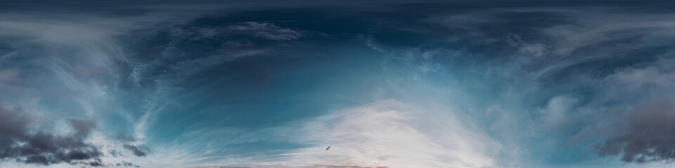 Sunset sky with bright glowing pink Cumulus clouds. Seamless spherical HDR 360 panorama. Full zenith or sky dome in 3D, sky replacement for aerial drone panoramas. Climate and weather change.