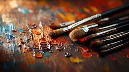 Collection of paintbrushes with various sizes and shapes, resting on a textured canvas with vibrant and colorful paint strokes