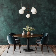 Teal dining room with round table, six chairs, dark wall, chandeliers