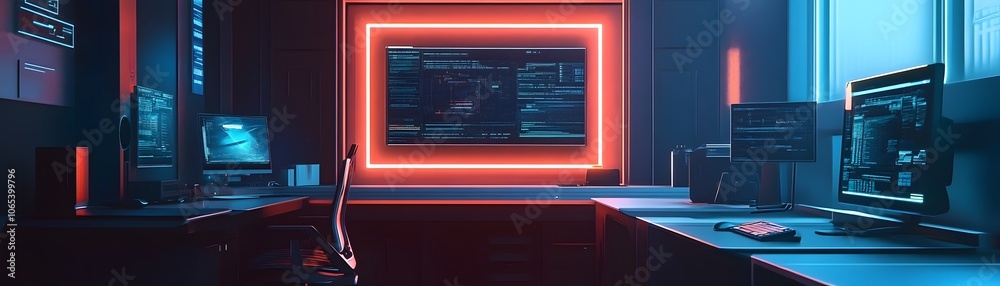 Poster modern office workspace with neon lights and computer monitors displaying code