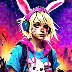 The image shows a young woman with blonde hair, wearing headphones and a backpack, standing amidst an explosion.