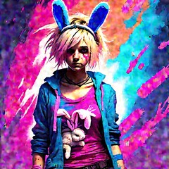  The image is a digital artwork featuring a female character with blonde hair and wearing a pink jacket.