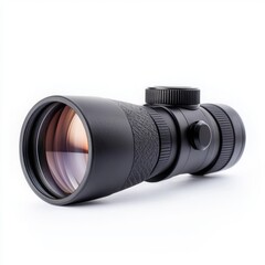 A sleek black camera scope with a clear lens on a white isolated background.