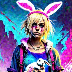  The image is a vibrant, psychedelic portrait of a female character with blonde hair and pink hair, wearing a white shirt with a pink tie and holding a rabbit in her right hand.