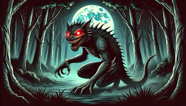 Legendary Chupacabras Illustration in Eerie Night Forest with Glowing Red Eyes