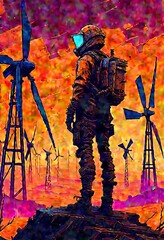  In the image, a lone astronaut in a red suit stands in the foreground, facing away from the viewer, with an orange and pink sky filled with wind turbines in the background.