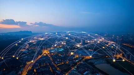 Obraz premium Illuminated Modern City Skyline Connected Through Digital Communication Networks