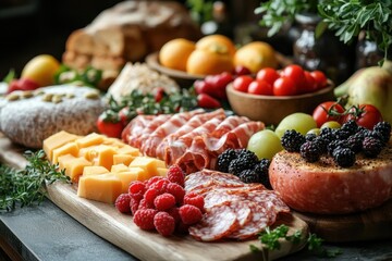 A colorful charcuterie board with cheese, fruits, and meats arranged for a festive gathering