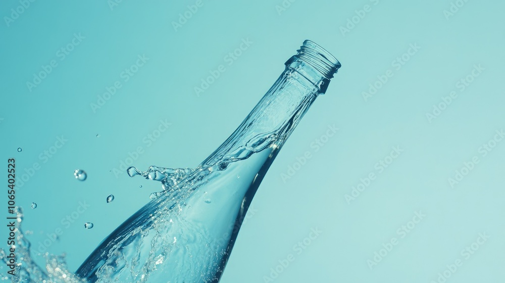 Poster side view of water stream from bottle to glass, splashing and rippling on a smooth blue background