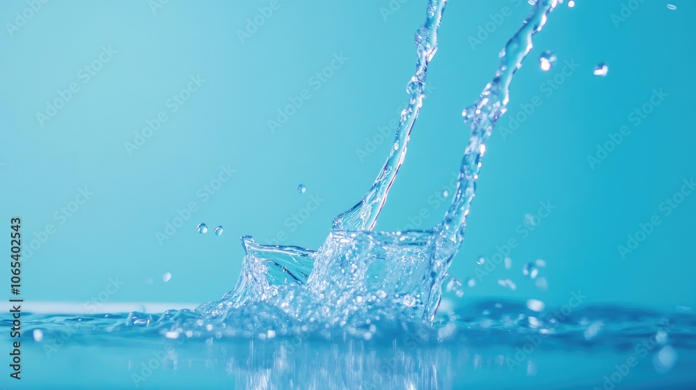 Poster side view of water stream from bottle to glass, splashing and rippling on a smooth blue background