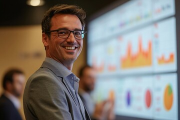 Smiling Businessman Looking at Graphs and Charts