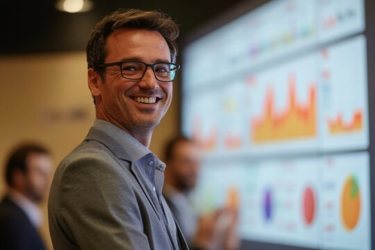 Smiling Businessman Looking at Graphs and Charts