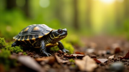 Obraz premium Baby box turtle captured up close, showcasing shell texture and curious expression in a natural setting