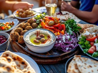 A rustic table hosts a colorful spread of Mediterranean delights including hummus, falafel, and fresh vegetables, capturing the essence of communal dining outdoors.
