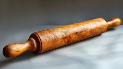 Fototapeta premium A beautifully crafted wooden rolling pin resting against a soft gray background, evoking a sense of culinary warmth and tradition. Generative AI