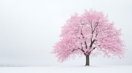 Obraz premium Lone cherry tree in bloom with pink flowers, isolated on white background for a soft and delicate floral theme.