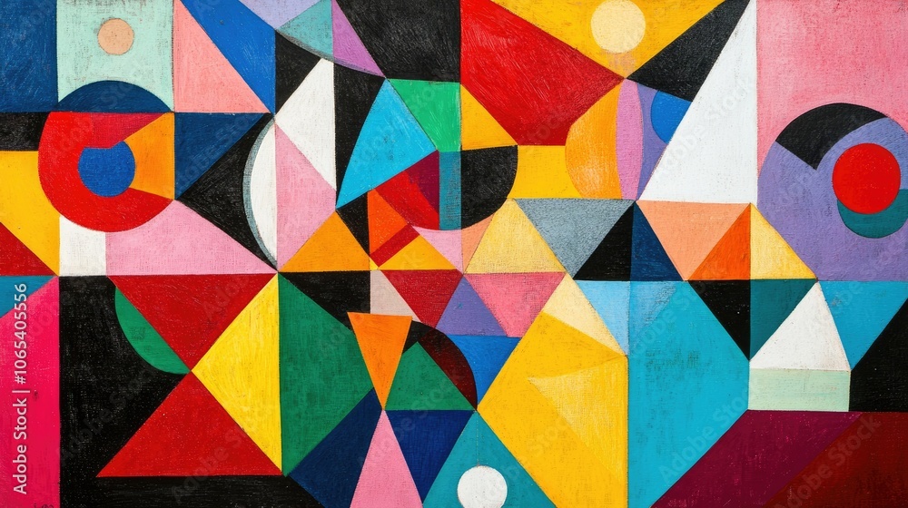 Poster Vibrant geometric shapes in an abstract pattern, with bold colors and dynamic composition, creating visual interest
